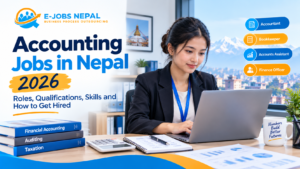 Young Nepali accountant reconciling accounts on a laptop in a Kathmandu office, illustrating accounting jobs in Nepal