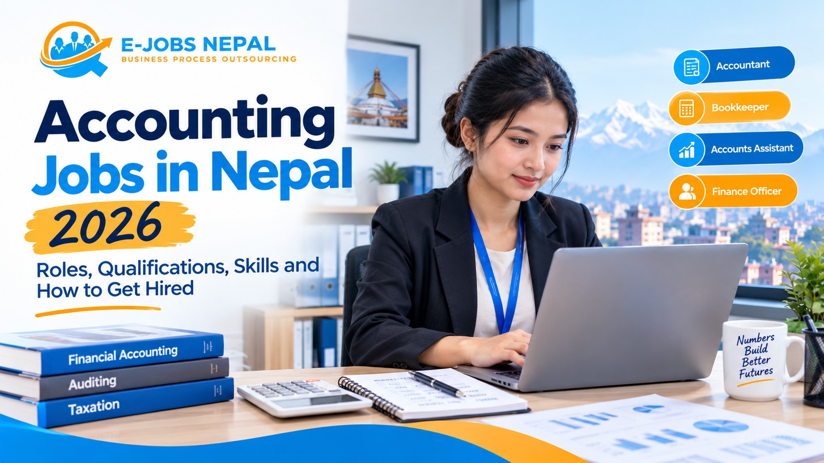 Young Nepali accountant reconciling accounts on a laptop in a Kathmandu office, illustrating accounting jobs in Nepal
