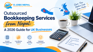 UK accountant reviewing outsourced bookkeeping services from Nepal on a laptop with cloud accounting software