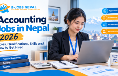 Young Nepali accountant reconciling accounts on a laptop in a Kathmandu office, illustrating accounting jobs in Nepal